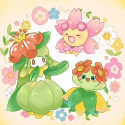 1other 2girls :d bellossom blue_eyes blush_stickers cherrim cherrim_(sunshine) closed_eyes commentary_request crown ema95n flower gen_2_pokemon gen_4_pokemon gen_5_pokemon green_hair happy highres lilligant long_hair mini_crown monster_girl multiple_girls nintendo open_mouth orange_eyes plant_girl pokemon pokemon_(creature) simple_background skirt smile