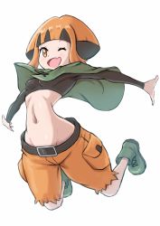 Rule 34 | 1girl, ;d, belt, black belt, black hair, boots, breasts, commentary request, creatures (company), crop top, eyelashes, fang, full body, game freak, gardenia (pokemon), green boots, midriff, multicolored hair, navel, nintendo, one eye closed, open mouth, orange eyes, orange hair, ossannoa, pokemon, pokemon dppt, poncho, short hair, shorts, simple background, smile, solo, tongue, torn clothes, torn shorts, two-tone hair, white background
