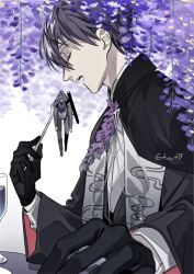 2boys 6tnut9 artist_name black_gloves black_robe blazer chain closed_eyes commentary_request cup drink drinking_glass dual_persona flower fork gloves grey_jacket grey_pants hair_between_eyes holding holding_fork jacket kenmochi_touya kenmochi_touya_(1st_costume) long_sleeves male_focus mini_person miniboy multiple_boys nijisanji open_mouth pants profile purple_flower purple_hair robe school_uniform shirt short_hair signature teeth upper_body upper_teeth_only virtual_youtuber weapon_bag white_shirt wide_sleeves wisteria
