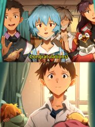 Rule 34 | &quot;lowest of the low&quot; incident, 1other, 2koma, 3boys, 3girls, ^ ^, absurdres, ayanami rei, baby, bird, black hair, black jacket, blue hair, blush, clapping, closed eyes, comic, covering face, curtains, embarrassed, english text, grey hair, highres, if they mated, ikari shinji, jacket, katsuragi misato, khyle., mask, meme, mouth mask, multiple boys, multiple girls, nagisa kaworu, neon genesis evangelion, omedetou! (meme), open mouth, orange hair, parody, penguin, penpen, purple eyes, purple hair, red eyes, smile, souryuu asuka langley, surgical mask, suzuhara touji, window