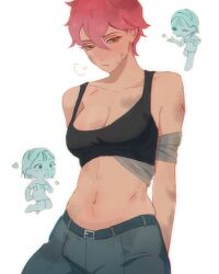 Rule 34 | 2girls, alien stage, bandaged arm, bandaged torso, bandages, black bra, bra, breasts, bruise, bruise on arm, cleavage, commentary, grey pants, hashtag-only commentary, heart, highres, injury, midriff, mizi (alien stage), multiple girls, navel, open mouth, pants, pink hair, short hair, solo focus, sua (alien stage), underwear, very short hair, whitebeepink