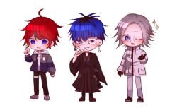 3boys ahoge aotsuki_eito black_hair blue_eyes blue_hair chibi chibi_only full_body highres looking_at_viewer male_focus multicolored_hair multiple_boys omokage_yugamu one_eye_closed open_mouth red_hair simple_background standing sumino_takumi the_hundred_line_-last_defense_academy- white_hair wink