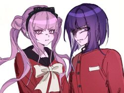 Rule 34 | 1boy, 1girl, angry, annoyed, brother and sister, long hair, looking at viewer, matching hair/eyes, pink eyes, pink hair, purple hair, siblings, simple background, the hundred line -last defense academy-, tsukumo ima, tsukumo kako, twins, twintails, upper body, white background
