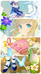 Rule 34 | 1girl, absurdres, back bow, bare shoulders, beads, beret, blonde hair, blue bow, blue butterfly, blue choker, blue eyes, blue shoes, blue sky, blue sleeves, book, bow, brick road, bright pupils, bubble, bubbly voyage (infinity nikki), bug, butterfly, choker, closed mouth, cloud, clover, commentary request, detached sleeves, dress, eyelashes, floating clothes, floating hair, flower, footwear bow, four-leaf clover, frilled choker, frilled dress, frilled sleeves, frills, from behind, gradient sky, hair rings, hand on own head, happy, hat, henyahonya, high heels, highres, infinity nikki, insect, large bow, light particles, light rays, lily (flower), looking at viewer, map, momo (nikki), multiple views, nikki (nikki), nikki (series), orange sky, origami, paper crane, piecey, potion, pumps, purple flower, shoes, short hair, short sleeves, shoulder blades, sky, smile, socks, solo, sparkle, strapless, strapless dress, striped bow, striped clothes, striped dress, sunrise, tareme, vertical-striped clothes, vertical-striped dress, white flower, white hat, white pupils, white socks, wind