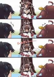 10s 1boy 3girls admiral_(kancolle) asphyxiation black_hair brown_hair cherry_blossoms comic double_bun drinking drunk elbow_gloves fingerless_gloves gloves hair_bun hanami headgear highres houshou_(kancolle) kantai_collection kiss kongou_(kancolle) long_hair military military_uniform multiple_girls nagato_(kancolle) naval_uniform ponytail red_eyes smother sweat tanaka_kusao thighhighs