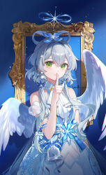 1girl absurdres bare_shoulders bell breasts dress earrings finger_to_mouth flower green_eyes hair_flower hair_ornament highres jewelry luo_tianyi morimori_(14292311) shushing smile solo vocaloid vsinger_(vocaloid) white_dress white_wings wings