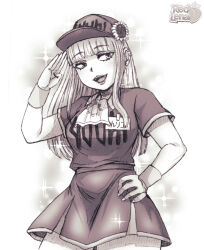 1girl :d artist_name ballpark_de_tsukamaete! baseball_cap bib blunt_bangs commentary commission earclip english_commentary flower gyaru hand_on_own_hip hand_up hat hat_flower lipstick makeup monochrome name_tag open_mouth red_lenai ruriko_(ballpark_de_tsukamaete!) salute short_sleeves skirt smile solo sparkle wristband