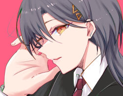 1girl black_jacket blazer collared_shirt commentary_request dress_shirt grey_hair hair_ornament haz jacket katsuragi_izumi large_hands link!_like!_love_live! long_hair love_live! mizukawa_school_uniform necktie orange_eyes parted_lips portrait profile red_background red_necktie school_uniform shirt sideways_mouth simple_background solo triangle_hair_ornament white_shirt wolf_cut