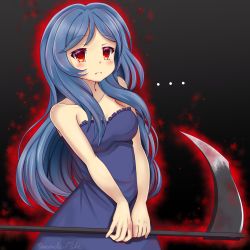 1girl axe bare_shoulders blue_dress blue_hair dress enri_louvre highres holding holding_axe long_hair naraku naraku_2 red_eyes solo weapon