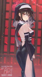 1girl ainy alternate_costume ass backless_dress backless_outfit bare_shoulders black_dress black_hair black_veil blue_archive blurry breasts capelet commentary depth_of_field detached_sleeves dress from_side halo highres long_sleeves looking_at_viewer looking_to_the_side median_furrow medium_breasts misaki_(blue_archive) nun parted_lips red_eyes short_hair side_slit solo standing thighs veil