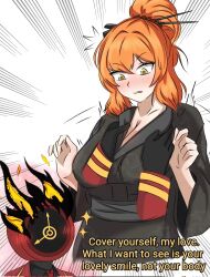 1girl 1other blush clock coat dante_(limbus_company) english_text fire flaming_head green_eyes highres ishmael_(project_moon) limbus_company necktie ngrider object_head orange_hair other_with_female project_moon red_coat red_necktie