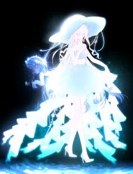 1girl absurdres alternate_costume backlighting bare_arms bare_legs bare_shoulders black_background blue_hair blue_hat blue_skirt blue_tube_top breasts bubble_skirt chain chinese_commentary commentary_request crossed_bangs double-parted_bangs full_body genderswap genderswap_(mtf) glowing gradient_hair grin hair_between_eyes hand_up hat high_heels highres jellyfish large_hat long_hair looking_down midriff miniskirt multicolored_hair no_pupils pale_skin personification plants_vs._zombies plants_vs._zombies_2 pointy_ears shadow_peashooter_(plants_vs_zombies) shoes sidelocks siiiiiiiiiii simple_background skirt small_breasts smile solo standing star_(symbol) strapless tube_top two-tone_hair very_long_hair walking wavy_hair white_eyes white_hair white_shoes