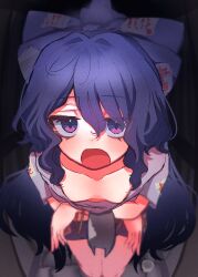 1girl absurdres blue_bow blue_hair blue_skirt bow breasts collarbone commentary_request downblouse grey_hoodie hair_between_eyes hair_bow highres hood hood_down hoodie leaning_forward long_hair looking_at_viewer open_mouth purple_eyes short_sleeves skirt small_breasts solo stuffed_animal stuffed_cat stuffed_toy takana_(forsterite) touhou very_long_hair yorigami_shion