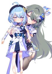 2girls absurdres ahoge barefoot beret black_bodysuit black_thighhighs blue_hair blush bodysuit carrying carrying_person commentary dress flower grey_hair griseo griseo_(starry_impression) hair_flower hair_ornament hat highres honkai_(series) honkai_impact_3rd long_hair multiple_girls pic_p_p purple_eyes red_eyes simple_background single_leg_bodysuit smile symbol-only_commentary thighhighs thighs toes very_long_hair vita_(honkai_impact) vita_(lone_planetfarer)_(honkai_impact) white_background white_dress