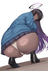 Rule 34 | 1girl, absurdres, ass, ass focus, black hair, black shoes, black skirt, blue archive, blue sweater, breasts, erufura, from behind, halo, highres, karin (blue archive), karin (school uniform) (blue archive), large breasts, long hair, miniskirt, panties, partially visible vulva, purple halo, shoes, simple background, skirt, solo, squatting, sweater, underwear, very long hair, white background, white panties, yellow eyes