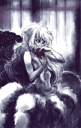1girl amiya_aranha arachne arthropod_girl blood breasts commentary cowlick english_commentary extra_eyes hair_over_breasts highres indie_virtual_youtuber insect_girl jd_benefield long_hair looking_at_viewer medium_breasts monster_girl monsterification navel nude sidelocks signature solo spider_girl spot_color taur very_long_hair virtual_youtuber