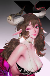 1girl animal_ears black_bra bra breasts brown_choker brown_hair choker cleavage closed_mouth commentary cow_ears cow_girl cow_horns curled_horns english_commentary eyeshadow gradient_horns green_eyes grey_horns hair_between_eyes hair_ornament highres horn_ornament horns jacket jacket_partially_removed large_breasts leaning_forward lipstick long_hair looking_at_viewer makeup multicolored_horns navel one_eye_closed original pink_eyeshadow pink_jacket pink_lips smile solo twintails two-tone_bra underwear upper_body white_bra wonbin_lee