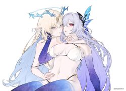 2girls alternate_costume bikini blue_thighhighs breasts fleurdelys_(wuthering_waves) genshin_impact gloves gradient_gloves gradient_sleeves gradient_thighhighs highres multiple_girls navel purple_gloves purple_sleeves purple_thighhighs skirk_(genshin_impact) supkartoply swimsuit thighhighs white_bikini wuthering_waves