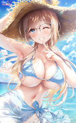 1girl ;d alternate_costume arm_up armpits bikini blue_bikini blue_eyes blue_sarong blue_sky breasts brown_hair cloud cloudy_sky collarbone commentary_request finger_to_mouth gakuen_idolmaster glasses grin hand_on_headwear hat highres himesaki_rinami horizon hozumi_kaoru huge_breasts idolmaster index_finger_raised lens_flare linea_alba long_hair looking_at_viewer navel ocean one_eye_closed open_mouth outdoors sarong sky smile solo stomach straw_hat swimsuit very_long_hair wading wet