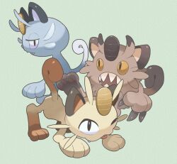Rule 34 | alolan form, alolan meowth, black eyes, claws, commentary, fangs, fangs out, galarian form, galarian meowth, gen 1 pokemon, gen 7 pokemon, gen 8 pokemon, gogot, green background, highres, meowth, nintendo, no humans, one eye closed, open mouth, pokemon, pokemon (creature), sharp teeth, symbol-only commentary, teeth, tongue, tongue out