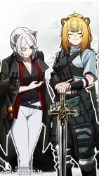 2girls allerdale_(arknights) animal_ears arknights belt breasts chinese_commentary closed_mouth coat coat_on_shoulders commentary_request cowboy_shot dated dated_commentary hands_on_hilt mochusama multiple_girls siege_(arknights) siege_(city_destroyer)_(arknights) smile sword watermark weapon