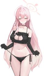 1girl absurdres ahoge asymmetrical_sidelocks averting_eyes black_bra black_choker black_gloves black_panties blue_archive bra braid breasts cat_lingerie center_opening choker cleavage collarbone cowboy_shot double-parted_bangs elbow_gloves gloves green_eyes hair_over_shoulder halo hanako_(blue_archive) highres large_breasts legs_together long_hair meme_attire navel nephthys2356 panties pink_hair pink_halo pulling_own_clothes side-tie_panties side_braid simple_background smile solo standing stomach straight-on string_pull underwear very_long_hair white_background