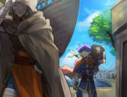 2boys blue_eyes blue_hair cape cloak commentary_request day fire_emblem fire_emblem:_path_of_radiance headband highres hood hooded_cloak ike_(fire_emblem) kometubu0712 male_focus multiple_boys nintendo outdoors purple_eyes ranulf_(fire_emblem) ship short_hair tree watercraft
