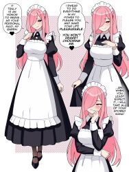 1girl absurdres apron black_dress blush commentary dress english_commentary english_text hair_over_one_eye highres juliet_sleeves long_hair long_sleeves maid maid_apron maid_headdress mary_janes nico-neko original pantyhose pink_eyes pink_hair puffy_sleeves shoes solo speech_bubble standing