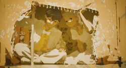 1boy 1girl ami_(fusheng_yi_xi) blonde_hair blue_eyes dress fusheng_yi_xi glasses grey_hair hand_on_own_leg highres indian_style jacket looking_at_viewer markings_on_cheeks mia_(fusheng_yi_xi) open_clothes open_jacket sheya_tin sitting tent yellow_theme