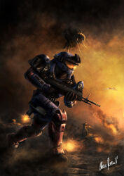 1boy assault_visor battle_rifle black_gloves bullpup cloud commentary completion_time english_commentary firing gloves gun halo:_reach halo_(series) holding holding_gun holding_weapon lorddoomhammer m392_marksman male_focus rifle running signature smoke solo_focus spacecraft spartan_(halo) weapon