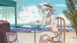 1girl abby_(wuthering_waves) absurdres alternate_costume bare_shoulders bikini breasts bright_pupils character_charm charm_(object) chasing_summer cleavage colored_eyelashes commentary_request crossed_legs cup drinking_glass eastern_dragon_horns feet_out_of_frame food fruit highres horned_hat jinhsi_(wuthering_waves) lemon lemon_slice long_hair medium_breasts mole mole_on_cheek navel on_chair sitting solo stomach swimsuit table waves white_bikini white_eyelashes white_eyes white_hair white_pupils wuthering_waves