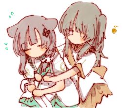 Rule 34 | 2girls, = =, animal ears, aqua sash, assault lily, back bow, blush, bow, brown bow, brown hair, brown sash, cat ears, closed eyes, commentary, cowboy shot, dress, eighth note, flower knot, flying sweatdrops, hair ornament, hair scrunchie, hands up, heterochromia, highres, hug, hug from behind, kemonomimi mode, kuo shenlin, long hair, looking at another, multiple girls, musical note, no mouth, official alternate costume, one side up, pink eyes, rui rui rui0122, sash, scrunchie, shoulder sash, simple background, standing, wang yujia, white background, white dress, white scrunchie, yellow eyes
