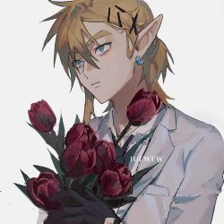 1boy :| black_gloves black_necktie blonde_hair blue_eyes bouquet closed_mouth collared_shirt commentary contemporary earclip flower gloves grey_hair hair_ornament hairclip highres holding holding_bouquet iuew jacket link male_focus medium_hair necktie nintendo open_clothes open_jacket portrait red_flower red_tulip sanpaku shirt simple_background solo symbol-only_commentary the_legend_of_zelda the_legend_of_zelda:_breath_of_the_wild tulip white_background white_shirt x_hair_ornament