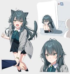 &gt;_&lt; 1boy 1girl animal_ears antenna_hair arrow_(symbol) belt black_belt black_footwear black_skirt blazer blush boots cat_ears cat_girl cat_tail chibi closed_mouth collared_shirt commentary_request disembodied_hand fang frown gakuen_idolmaster green_eyes green_hair green_shirt grey_background grey_jacket hair_flaps hand_grab hand_up have_to_pee highres holding_hands idolmaster jacket kemonomimi_mode knees_together_feet_apart korean_commentary long_hair long_sleeves looking_ahead looking_at_viewer miniskirt multiple_views nonanonnon6u6 open_clothes open_jacket open_mouth plaid_clothes plaid_jacket pleated_skirt pov pov_hands producer_(idolmaster) public_restroom restroom_symbol scared shadow shirt simple_background sitting skin_fang skirt skirt_set tail tears textless_version three-quarter_sleeves trembling tsukimura_temari unkempt v-shaped_eyebrows x_mouth