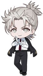 Rule 34 | 1boy, artist request, black jacket, black pants, black shoes, black suit, chibi, chibi only, collared shirt, fate/grand order, fate (series), formal clothes, full body, gloves, grey eyes, grey hair, half updo, jacket, jacket on shoulders, long sleeves, looking at viewer, medium hair, necktie, official art, pants, promotional art, second-party source, shirt, shoes, smile, solo, standing, suit, takeda shingen (fate), train conductor, transparent background, white gloves, white shirt