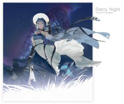 Rule 34 | 2girls, absurdres, arknights, astesia (arknights), astesia (starseeker) (arknights), astgenne (arknights), belt, blue dress, blue eyes, blue hair, breasts, bright pupils, cape, comet, dress, elbow gloves, gloves, goggles, goggles on head, highres, holding, holding unworn clothes, layered dress, liliyfox, long hair, looking at viewer, medium breasts, multiple girls, pinching, radio telescope, sky, smile, standing, star (sky), stargazing, starry sky, telescope, white dress, white pupils, wide brim, wind, wind lift