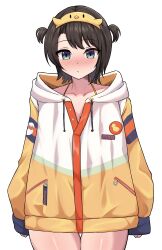 1girl absurdres aqua_eyes blush brown_hair closed_mouth cowboy_shot hairband hashira_14 highres hololive hood hood_down hooded_jacket jacket long_sleeves looking_at_viewer medium_hair official_alternate_costume oozora_subaru oozora_subaru_(loungewear) oversized_jacket simple_background sleeves_past_wrists solo thick_thighs thighhighs thighs two_side_up virtual_youtuber white_background white_jacket yellow_hairband yellow_jacket
