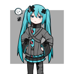 1girl absurdres aqua_eyes aqua_hair bandaid bandaid_on_leg batsu_miku black_pantyhose black_skirt blush closed_mouth grey_background grey_jacket hair_between_eyes hair_ornament hands_on_own_hips hatsune_miku highres jacket kowareta_sekai_to_utaenai_miku long_hair miniskirt pantyhose pleated_skirt project_sekai rennkurusu simple_background skirt solo speech_bubble turtleneck turtleneck_jacket twintails very_long_hair vocaloid x_hair_ornament