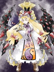 1girl black_background blonde_hair bow brown_eyes brown_footwear commentary cross-laced_clothes dress english_commentary full_body gen_1_pokemon gen_4_pokemon gen_7_pokemon gengar giratina greatmothsucks hair_bow hat hat_ribbon highres holding holding_umbrella legendary_pokemon long_hair long_sleeves mimikyu mob_cap nintendo pokemon red_bow red_ribbon red_umbrella ribbon standing sugimori_ken_(style) tabard touhou umbrella white_dress white_headwear wings yakumo_yukari