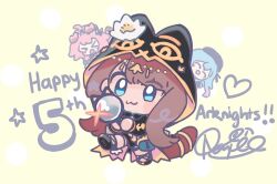 Rule 34 | &gt; &lt;, 1boy, 2girls, :3, ^ ^, animal ears, anniversary, arknights, blue eyes, blue hair, brown hair, cat ears, cat girl, cat tail, chibi, chibi only, closed eyes, closed mouth, goldenglow (arknights), hood, hood up, mizuki (arknights), multiple girls, namie-kun, open mouth, pepe (arknights), pink hair, tail