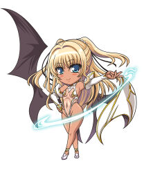 1girl bare_legs blonde_hair blue_eyes blush blush_stickers breasts chibi convenient_censoring curvy dark-skinned_female dark_skin detached_sleeves energy fake_wings female_focus fingernails full_body futaba_lili_ramses hair_ribbon hand_on_own_hip hands_on_own_hips high_heels highleg highleg_leotard highres kano-0724 leotard long_hair looking_at_viewer magical_girl puffy_detached_sleeves puffy_sleeves revealing_clothes ribbon see-through_clothes see-through_leotard small_breasts solo standing taimanin_(series) taimanin_rpgx tentacle_and_witches thong_leotard twintails white_background wide_hips wings