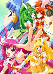10s 6+girls :d ;d akaooni aoki_reika armpits bad_id bad_pixiv_id bike_shorts blonde_hair blue_eyes blue_hair boots bow choker cure_beauty cure_happy cure_march cure_peace cure_sunny double_v eyelashes green_eyes green_hair grin hair_flaps highres hino_akane_(smile_precure!) hoshizora_miyuki kise_yayoi long_hair magical_girl majorina midorikawa_nao multiple_girls musashiya_chougenbou one_eye_closed open_mouth orange_eyes orange_hair orange_skirt pink_bow pink_eyes pink_hair ponytail precure short_hair shorts shorts_under_skirt skirt smile smile_precure! tiara v wink wolfrun yellow_eyes yellow_shorts yellow_skirt