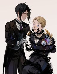 2boys absurdres black_hair blue_eyes butler closed_mouth demon_boy formal_clothes gloves highres honey honey_dipper kuroshitsuji long_sleeves male_focus multiple_boys sebastian_michaelis shirt short_hair simple_background suit tongue tongue_out uneasywolf vanitas_no_carte victorian white_background yaoi