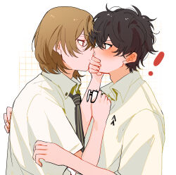 ! 2boys absurdres akechi_gorou amamiya_ren black_hair brown_hair fsmaichobpeg0 glasses hair_between_eyes highres male_focus multiple_boys persona persona_5 red_eyes shirt short_hair white_background white_shirt yaoi