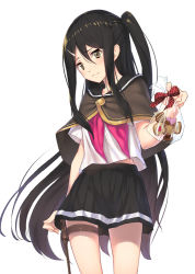 1girl bag black_hair black_sailor_collar black_skirt brown_capelet brown_eyes capelet commentary_request cookie cowboy_shot female_focus food gift gift_bag hair_between_eyes heart holding holding_bag holding_gift kamome_yuu long_hair neckerchief original pink_neckerchief pleated_skirt sailor_collar shirt short_sleeves side_ponytail sidelocks simple_background skirt solo thigh_strap very_long_hair white_background white_shirt