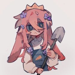 1605000977 1boy :&lt; androgynous animal_ears animification blue_eyes blue_overalls bright_pupils carrot carrot_print collared_shirt crown denim_overalls flower food_print frown girly_boy hair_flower hair_ornament holding holding_shovel long_hair long_sidelocks long_sleeves male_focus minecraft_youtube origins_smp overalls pink_hair purple_flower rabbit_boy rabbit_ears shirt shovel sidelocks simple_background solo technoblade technoblade_(bunny) variant_set white_background white_pupils white_shirt