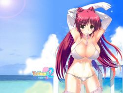 Rule 34 | 1girl, amazuyu tatsuki, arms up, blush, bra, breasts, brown eyes, cleavage, elbow gloves, female focus, gloves, kousaka tamaki, large breasts, lingerie, long hair, looking at viewer, mouth hold, red hair, solo, to heart (series), to heart 2, twintails, underwear, white gloves