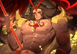 1boy black_hair burning_spice_cookie colored_skin cookie_run cookie_run:_kingdom dark_skin evil_grin evil_smile grin highres humanization long_hair male_focus muscular muscular_male red_eyes red_skin sharp_teeth smile solo taotie_flylover teeth triangle
