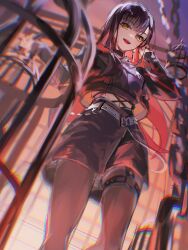 Rule 34 | 1girl, belt, birdcage, black choker, black hair, black jacket, black shirt, black skirt, blunt bangs, blurry, blurry background, cage, chain, choker, chromatic aberration, colored inner hair, commentary request, cowboy shot, crop top, cropped jacket, depth of field, earrings, from below, grey pantyhose, highres, holding, holding microphone, jacket, jewelry, long hair, long sleeves, looking at viewer, microphone, midriff, multicolored hair, official alternate costume, official alternate hairstyle, open clothes, open jacket, open mouth, orange eyes, pantyhose, project sekai, red hair, red nails, shiraishi an, shirt, sidelocks, skirt, solo, standing, straight hair, suiso sui, teeth, tucking hair, upper teeth only, whip the wimp girl!! (project sekai), white belt