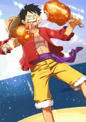 1boy abs artist_request bandaid bandaid_on_cheek bandaid_on_face birthday black_hair blue_sky boned_meat cloud cloudy_sky commentary_request cross_scar eating facial_scar feet_out_of_frame food fur-trimmed_shorts fur_trim hat highres holding holding_food horizon male_focus meat monkey_d._luffy mouth_hold ocean official_art one_piece open_clothes open_shirt outdoors purple_sash red_shirt sash scar scar_on_cheek scar_on_chest scar_on_face shirt short_hair shorts sky solo straw_hat sunlight teeth teeth_hold toned toned_male unworn_hat unworn_headwear yellow_shorts